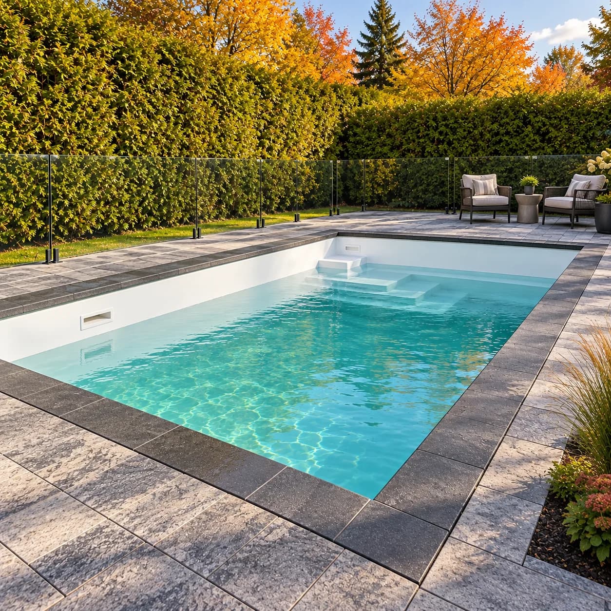 Piscine creusée avec un niveau d’eau abaissé, entourée d’un patio aménagé dans une cour aux couleurs d’automne